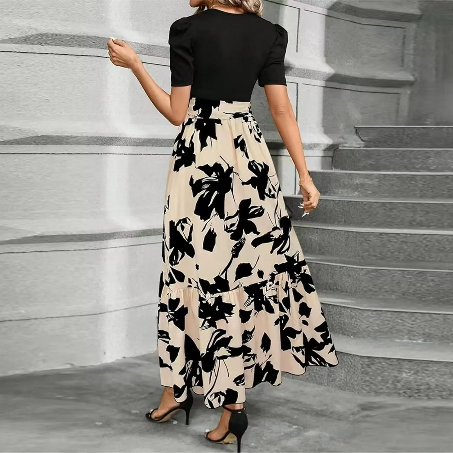Summer Dresses for Women Summer Beach V-Neck Midi Dresses Flowy Aline Short Sleeve Dress Casual Floral Tshirt Dress