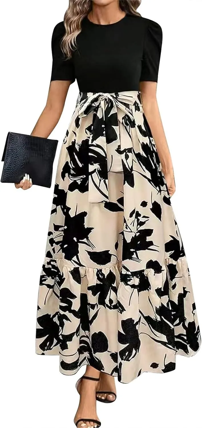 Summer Dresses for Women Summer Beach V-Neck Midi Dresses Flowy Aline Short Sleeve Dress Casual Floral Tshirt Dress
