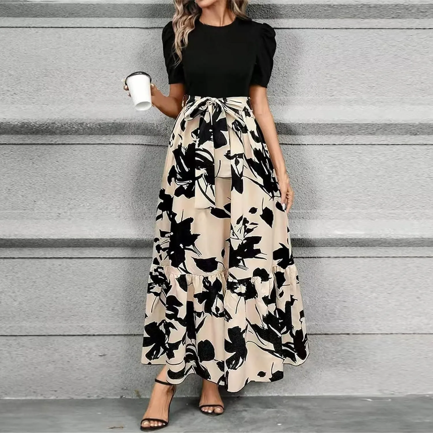 Summer Dresses for Women Summer Beach V-Neck Midi Dresses Flowy Aline Short Sleeve Dress Casual Floral Tshirt Dress