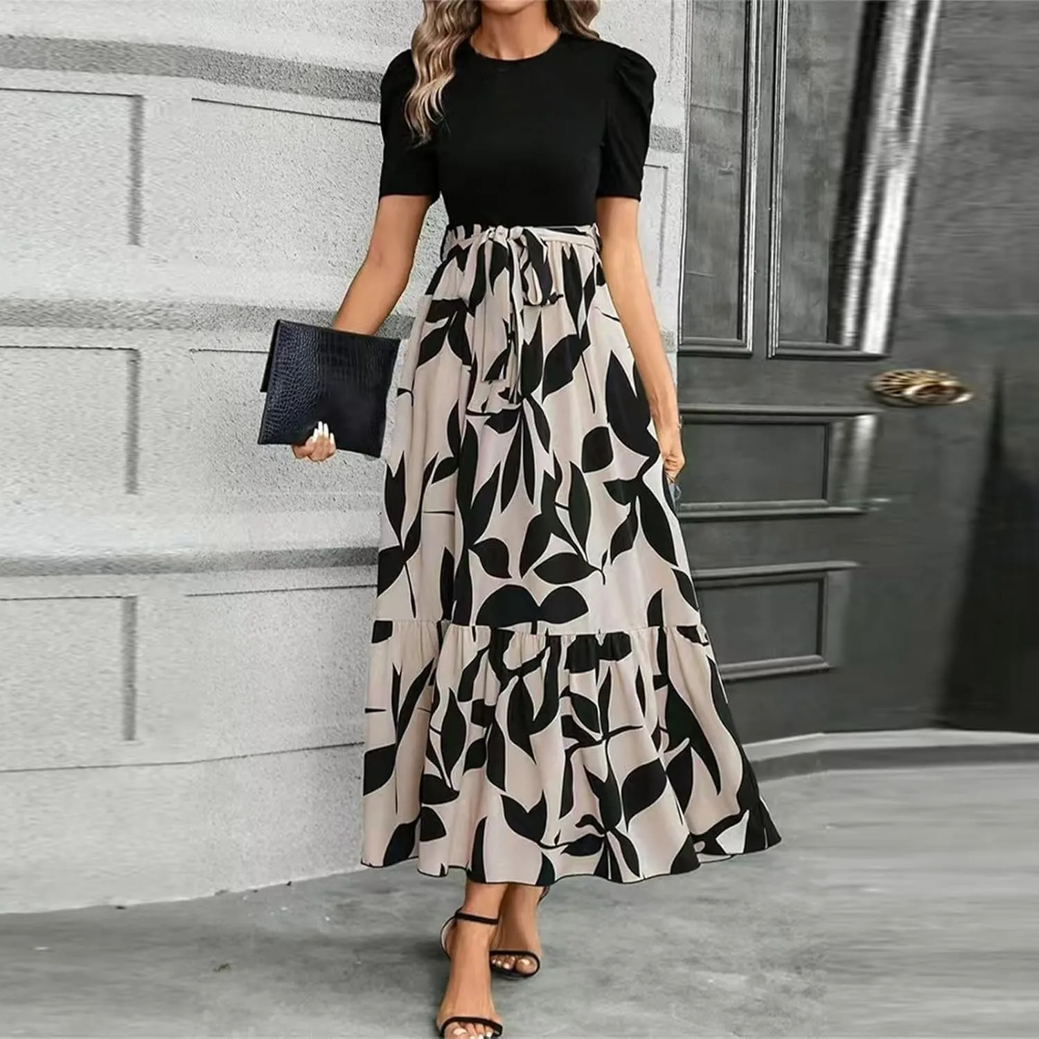 Summer Dresses for Women Summer Beach V-Neck Midi Dresses Flowy Aline Short Sleeve Dress Casual Floral Tshirt Dress