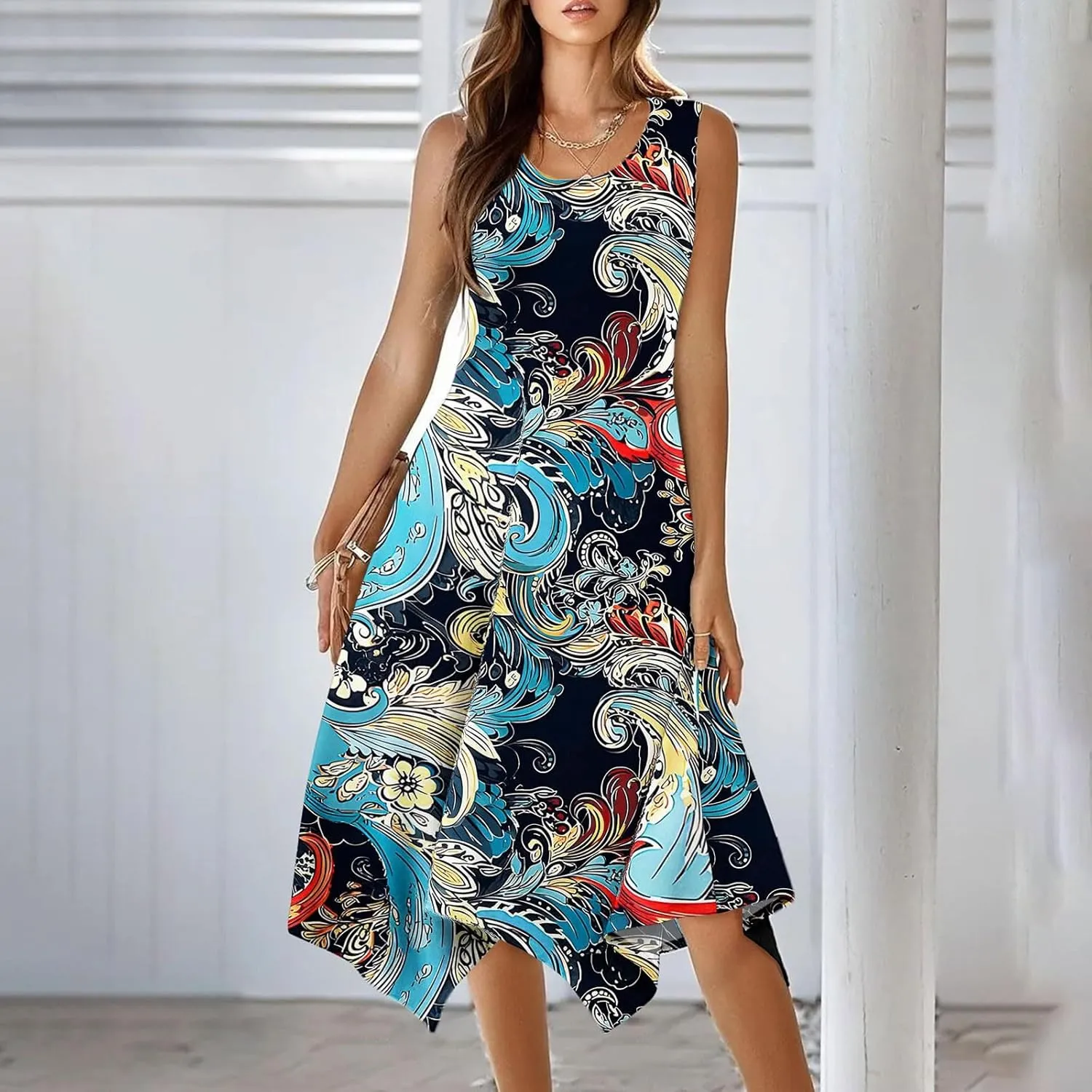 Summer Dresses for Women Summer Casual Flowy Sundresses Beach Hankerchief Hem Midi Tank Dresses Floral Sleeveless Dress