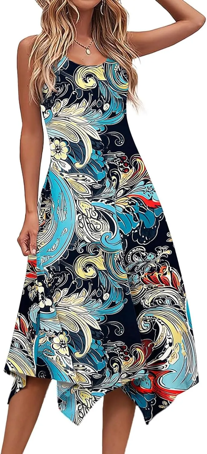 Summer Dresses for Women Summer Casual Flowy Sundresses Beach Hankerchief Hem Midi Tank Dresses Floral Sleeveless Dress