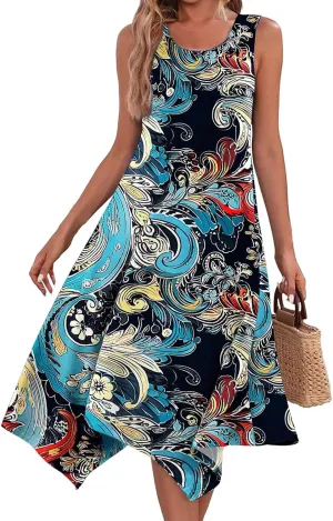 Summer Dresses for Women Summer Casual Flowy Sundresses Beach Hankerchief Hem Midi Tank Dresses Floral Sleeveless Dress