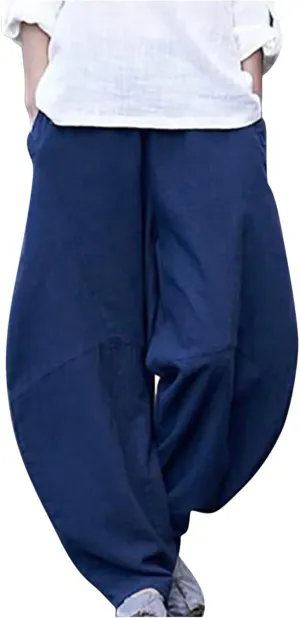 Summer Linen Harem Pants Womens Baggy Drop Crotch Boho Wide Leg Lantern Trousers Aladdin Bohemian Beach Yoga Pants