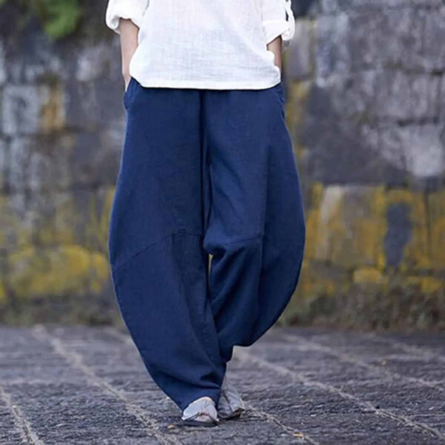 Summer Linen Harem Pants Womens Baggy Drop Crotch Boho Wide Leg Lantern Trousers Aladdin Bohemian Beach Yoga Pants