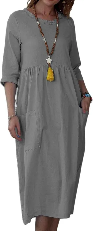Summer Maxi Dresses for Women Casual Cotton Linen Long Dress Short Sleeve Loose Beach Sundress Tshirt Dress Pockets