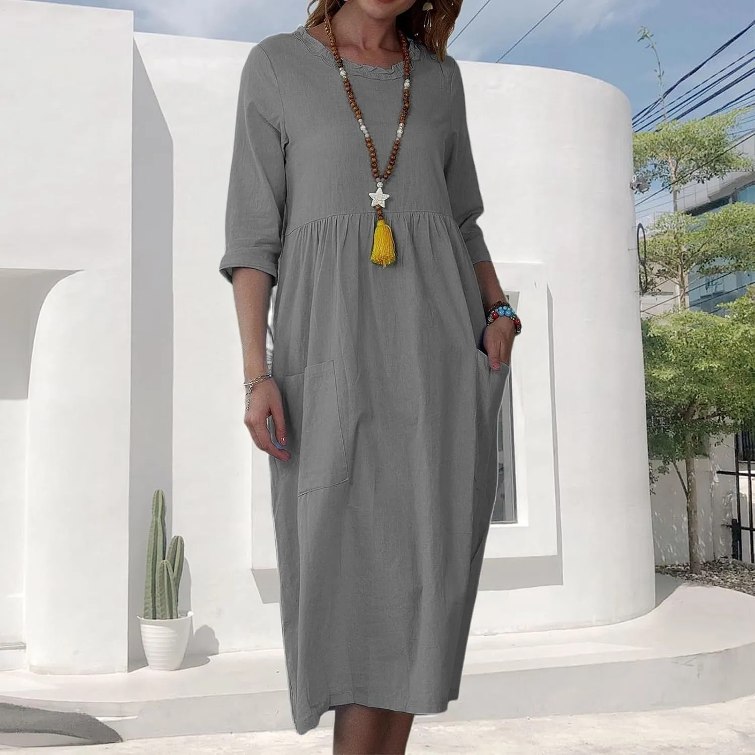 Summer Maxi Dresses for Women Casual Cotton Linen Long Dress Short Sleeve Loose Beach Sundress Tshirt Dress Pockets