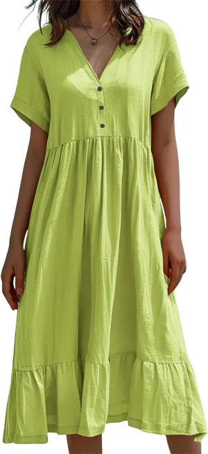 Summer Maxi Dresses for Women V Neck Long Dress Casual Cotton Linen A Line Dresses Flowy Beach Sundress Short Sleeve