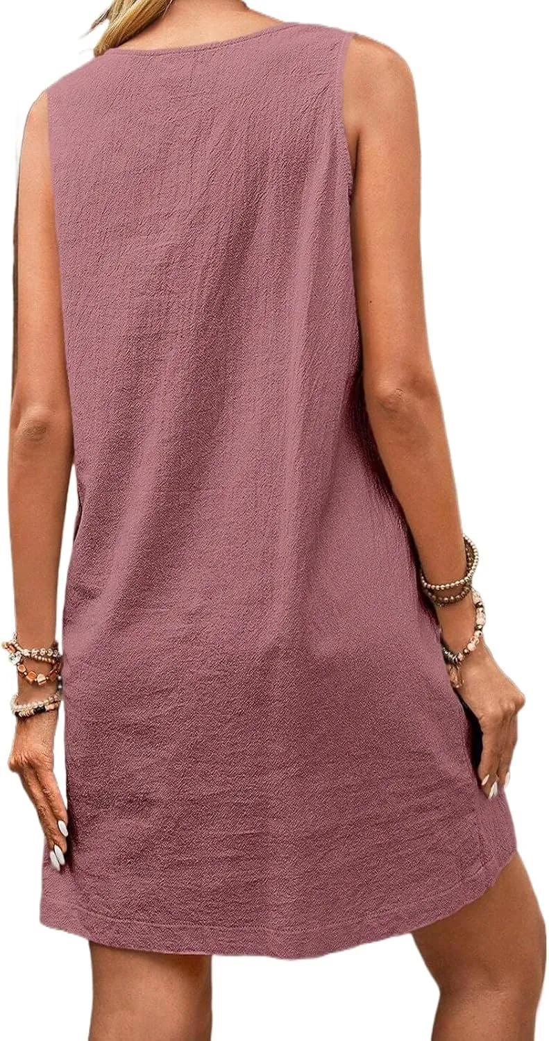 Summer Midi Dresses for Women 2025 Cotton Linen Dress Sleeveless Tshirt Dress with Pockets Beach Tank Sundress Loose