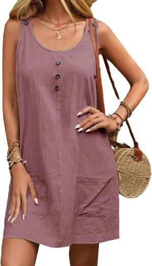 Summer Midi Dresses for Women 2025 Cotton Linen Dress Sleeveless Tshirt Dress with Pockets Beach Tank Sundress Loose