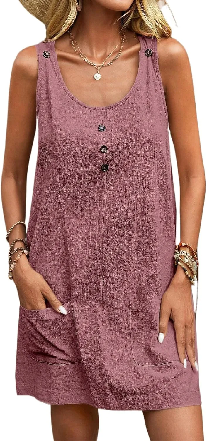 Summer Midi Dresses for Women 2025 Cotton Linen Dress Sleeveless Tshirt Dress with Pockets Beach Tank Sundress Loose