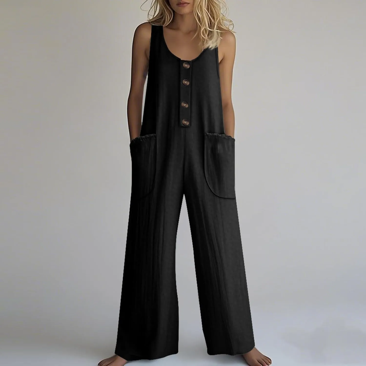 Summer Overalls for Women Casual Linen Jumpsuits One Piece Sleeveless Button Wide Leg Long Pant Rompers with Pockets