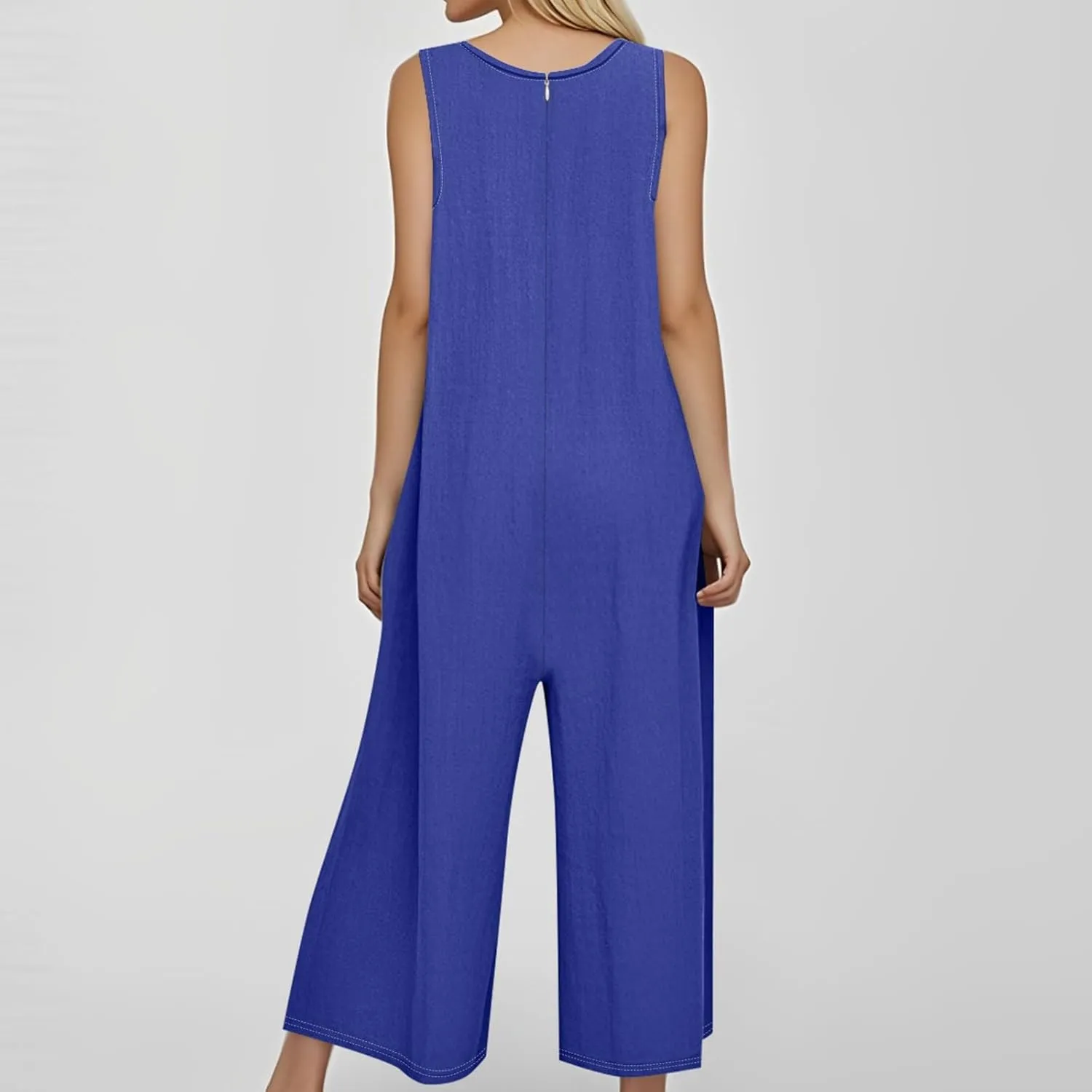 Summer Overalls for Women Casual Linen Jumpsuits One Piece Sleeveless Button Wide Leg Long Pant Rompers with Pockets