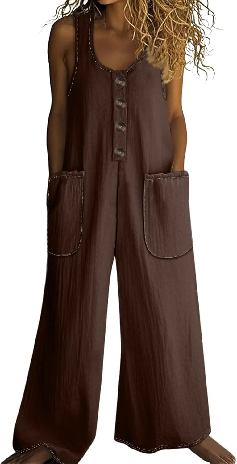 Summer Overalls for Women Casual Linen Jumpsuits One Piece Sleeveless Button Wide Leg Long Pant Rompers with Pockets