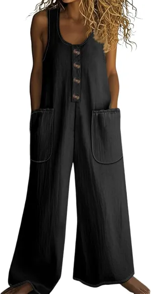 Summer Overalls for Women Casual Linen Jumpsuits One Piece Sleeveless Button Wide Leg Long Pant Rompers with Pockets