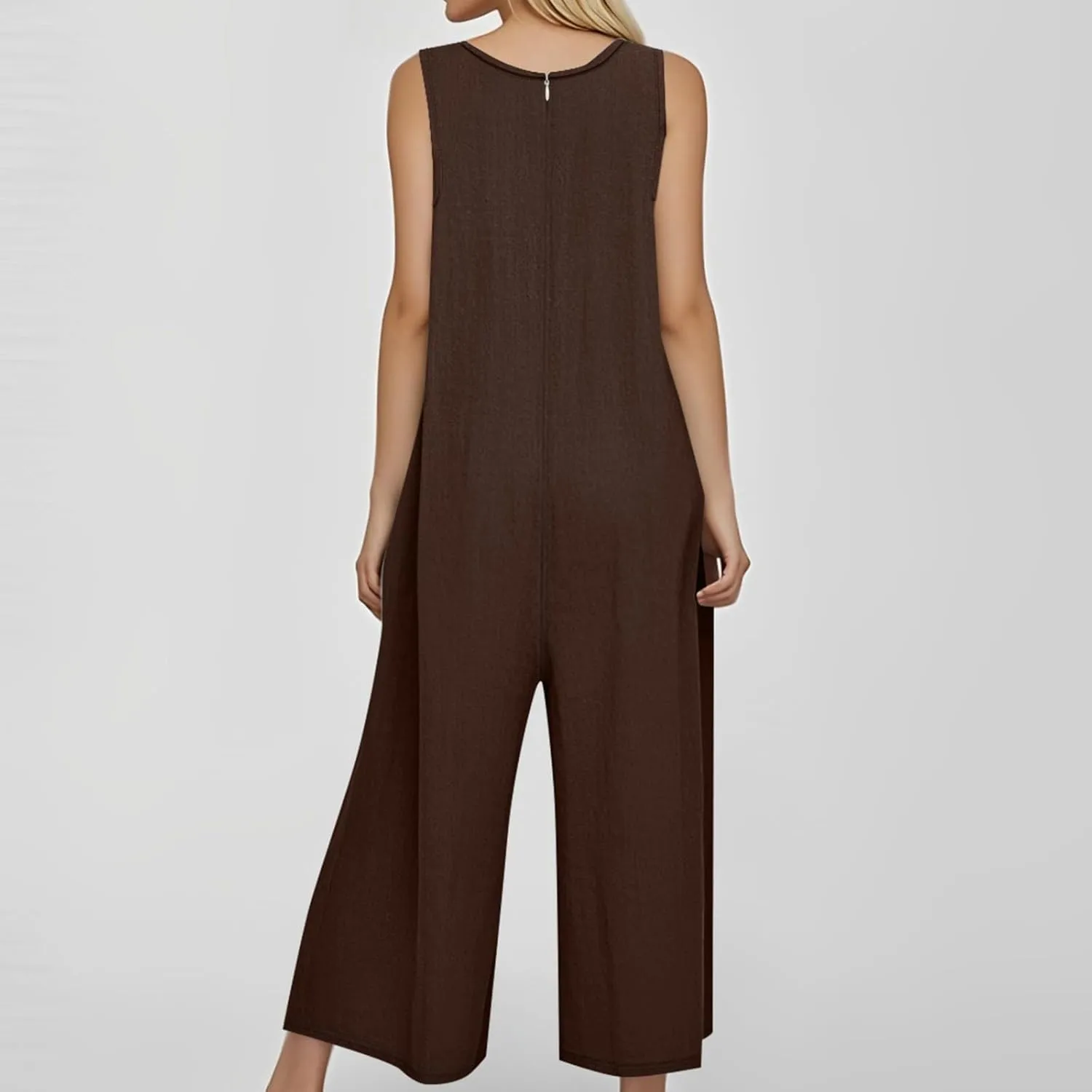 Summer Overalls for Women Casual Linen Jumpsuits One Piece Sleeveless Button Wide Leg Long Pant Rompers with Pockets