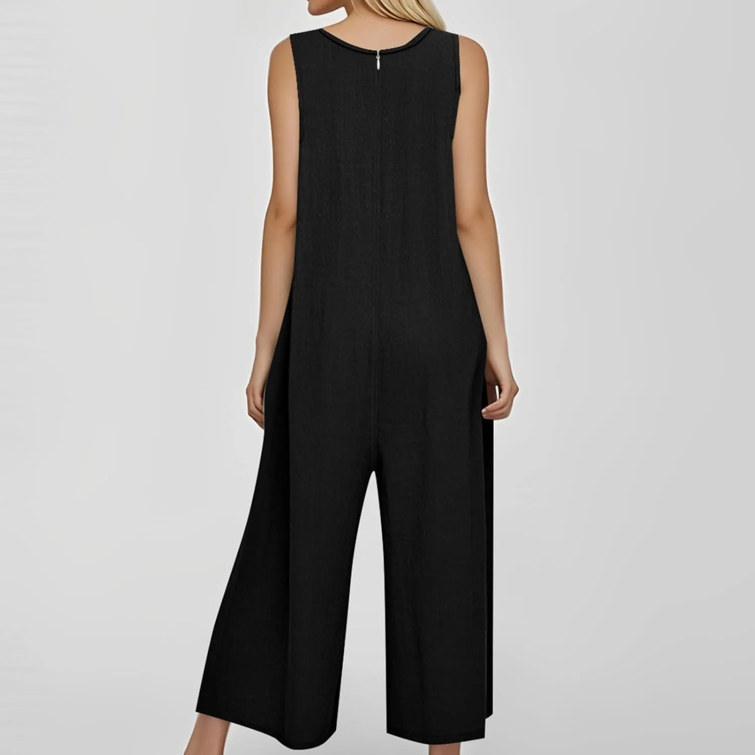 Summer Overalls for Women Casual Linen Jumpsuits One Piece Sleeveless Button Wide Leg Long Pant Rompers with Pockets