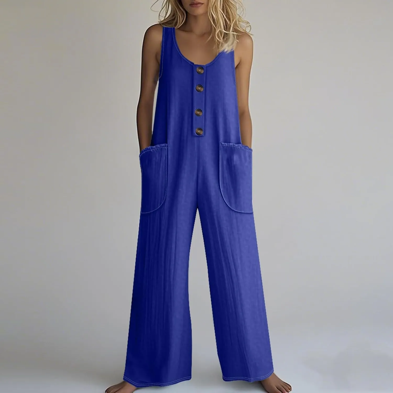 Summer Overalls for Women Casual Linen Jumpsuits One Piece Sleeveless Button Wide Leg Long Pant Rompers with Pockets
