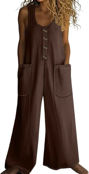 Summer Overalls for Women Casual Linen Jumpsuits One Piece Sleeveless Button Wide Leg Long Pant Rompers with Pockets