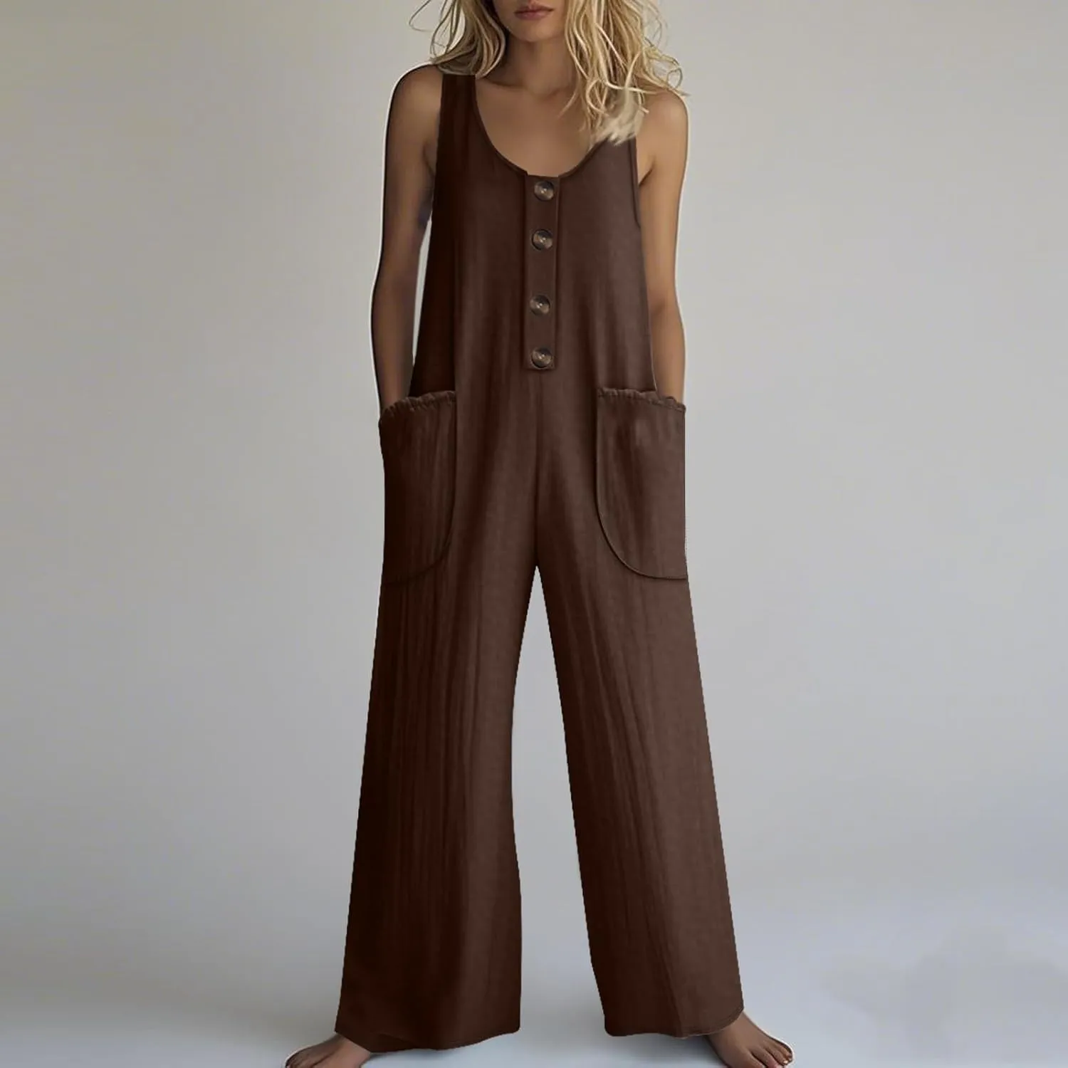 Summer Overalls for Women Casual Linen Jumpsuits One Piece Sleeveless Button Wide Leg Long Pant Rompers with Pockets
