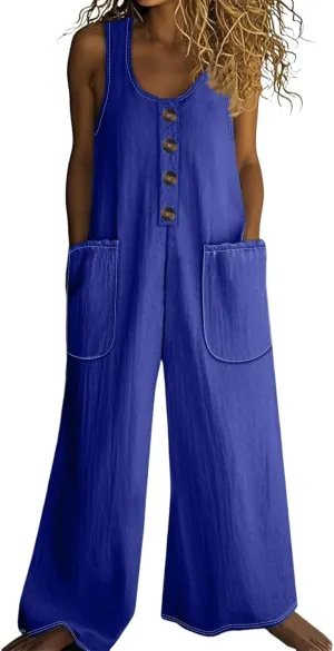 Summer Overalls for Women Casual Linen Jumpsuits One Piece Sleeveless Button Wide Leg Long Pant Rompers with Pockets