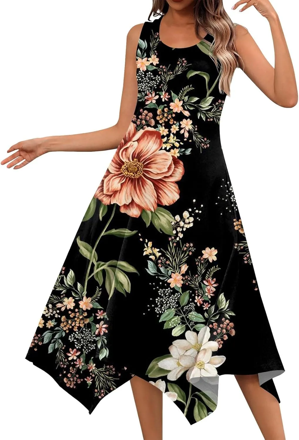 Sundresses for Women 2025 A-Line Sleeveless Tank Dress Handkerchief Hem Crewneck Boho Dress Casual Beach Dress