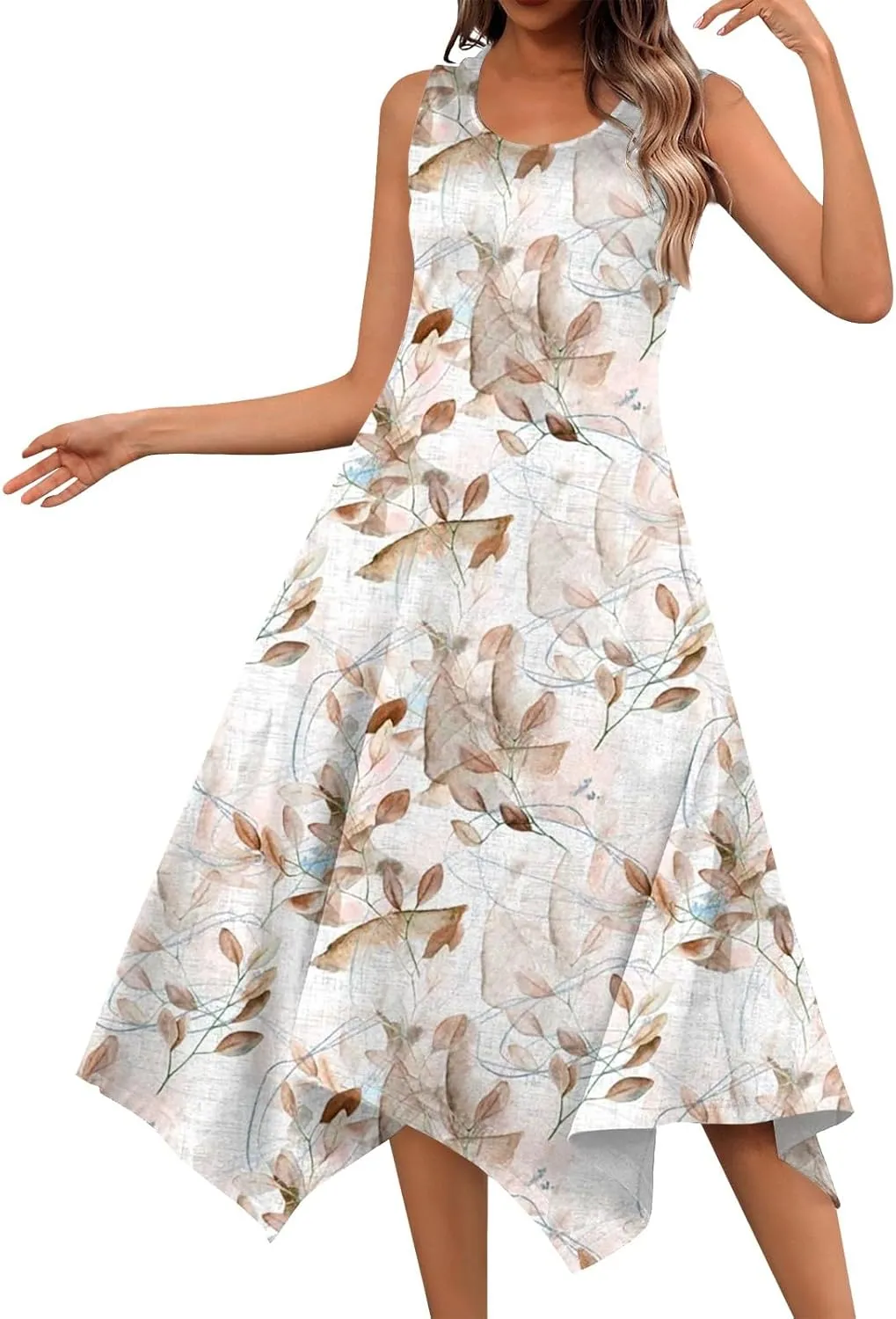Sundresses for Women 2025 A-Line Sleeveless Tank Dress Handkerchief Hem Crewneck Boho Dress Casual Beach Dress