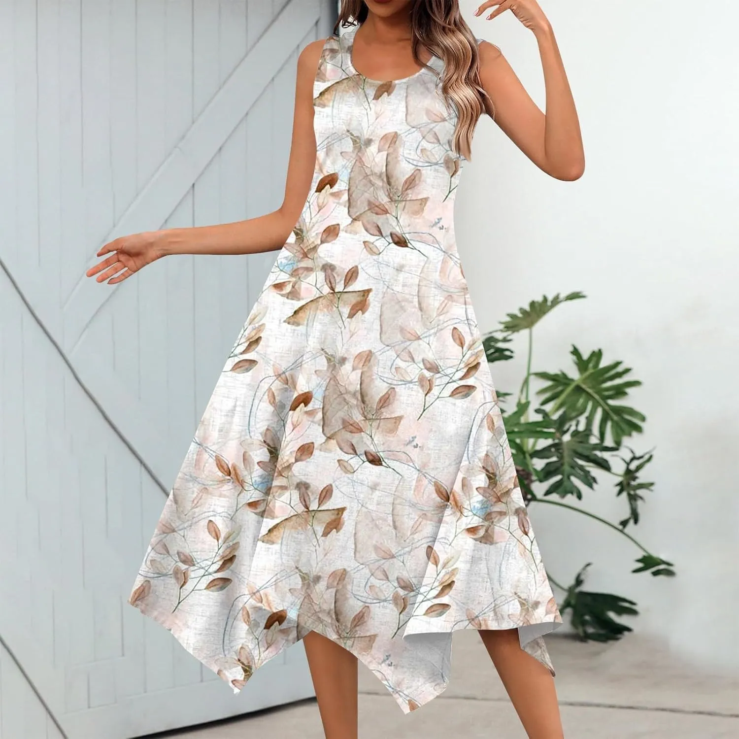 Sundresses for Women 2025 A-Line Sleeveless Tank Dress Handkerchief Hem Crewneck Boho Dress Casual Beach Dress