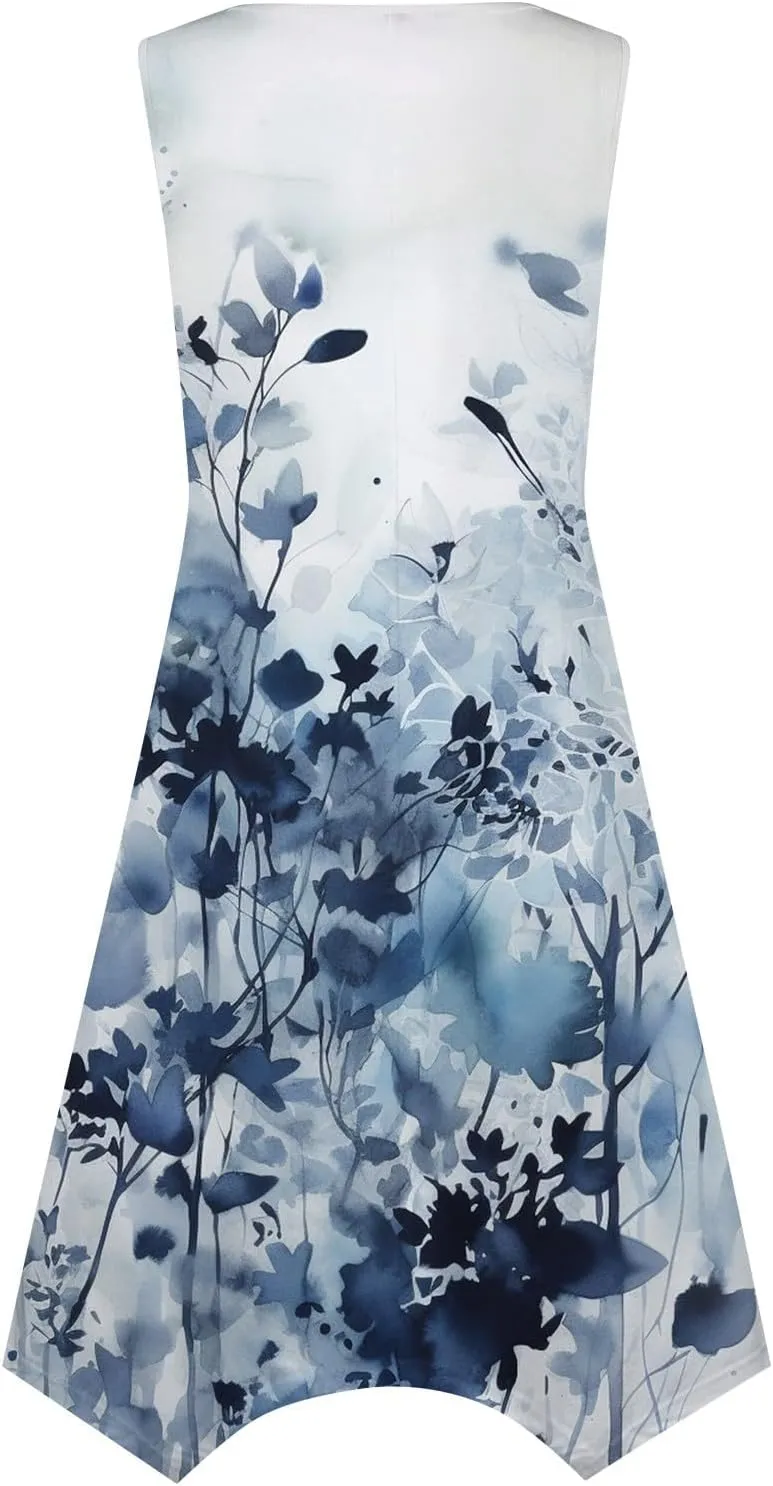 Sundresses for Women 2025 A-Line Sleeveless Tank Dress Handkerchief Hem Crewneck Boho Dress Casual Beach Dress