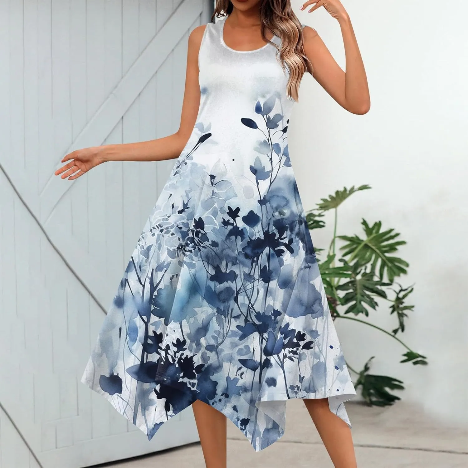 Sundresses for Women 2025 A-Line Sleeveless Tank Dress Handkerchief Hem Crewneck Boho Dress Casual Beach Dress