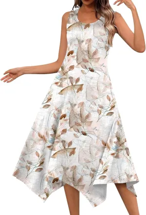 Sundresses for Women 2025 A-Line Sleeveless Tank Dress Handkerchief Hem Crewneck Boho Dress Casual Beach Dress