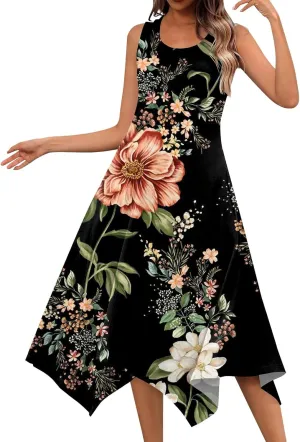 Sundresses for Women 2025 A-Line Sleeveless Tank Dress Handkerchief Hem Crewneck Boho Dress Casual Beach Dress