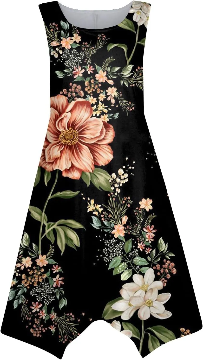 Sundresses for Women 2025 A-Line Sleeveless Tank Dress Handkerchief Hem Crewneck Boho Dress Casual Beach Dress