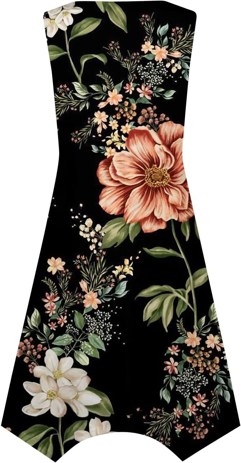 Sundresses for Women 2025 A-Line Sleeveless Tank Dress Handkerchief Hem Crewneck Boho Dress Casual Beach Dress