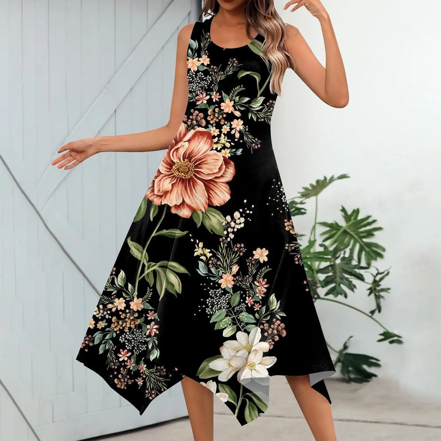 Sundresses for Women 2025 A-Line Sleeveless Tank Dress Handkerchief Hem Crewneck Boho Dress Casual Beach Dress