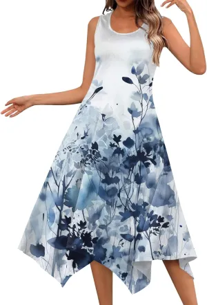 Sundresses for Women 2025 A-Line Sleeveless Tank Dress Handkerchief Hem Crewneck Boho Dress Casual Beach Dress