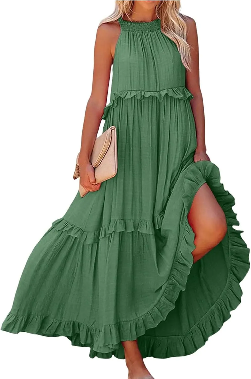 Sundresses for Women 2025 Sleeveless Summer Boho Beach Maxi Dress Tiered Pleated Flowy Swing Halter Church Long Dress