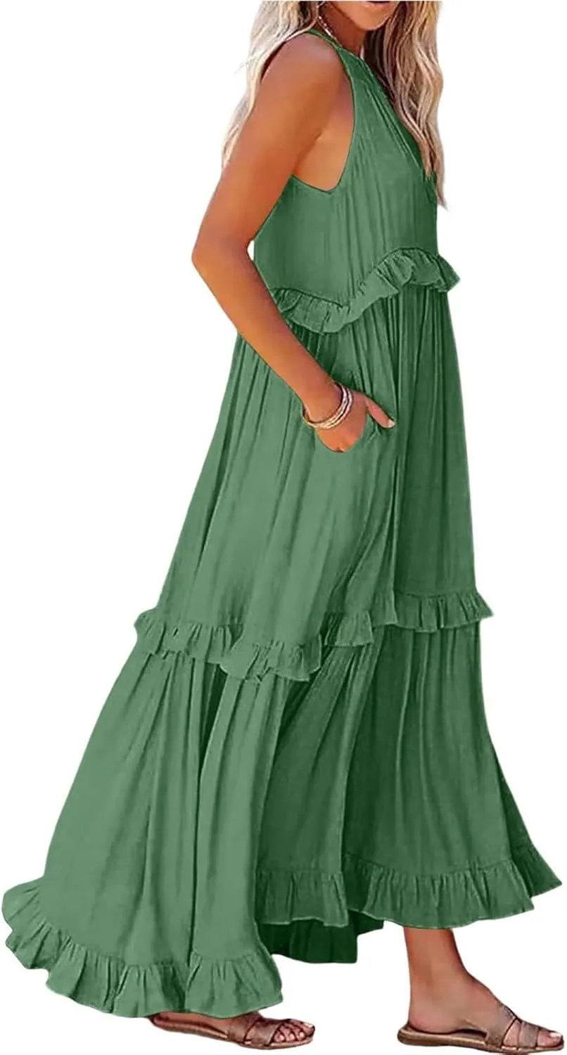 Sundresses for Women 2025 Sleeveless Summer Boho Beach Maxi Dress Tiered Pleated Flowy Swing Halter Church Long Dress
