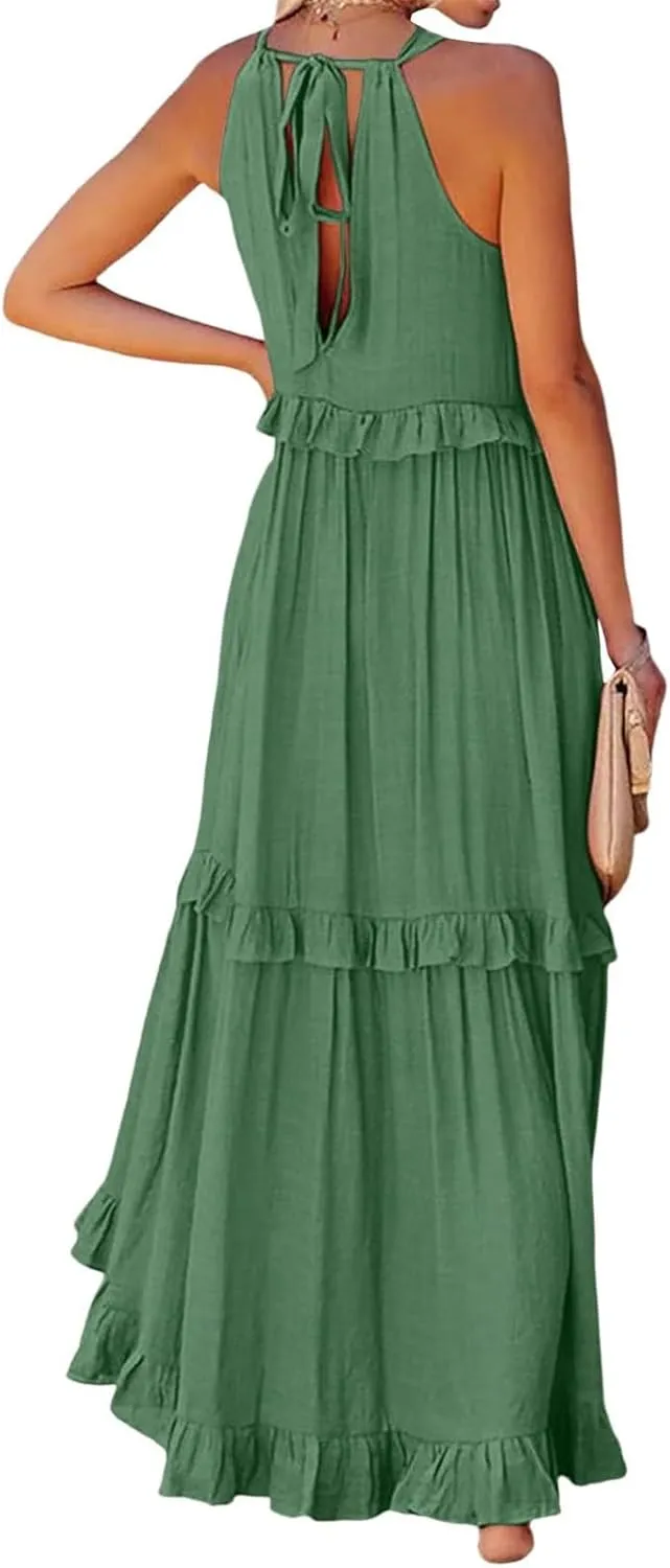 Sundresses for Women 2025 Sleeveless Summer Boho Beach Maxi Dress Tiered Pleated Flowy Swing Halter Church Long Dress