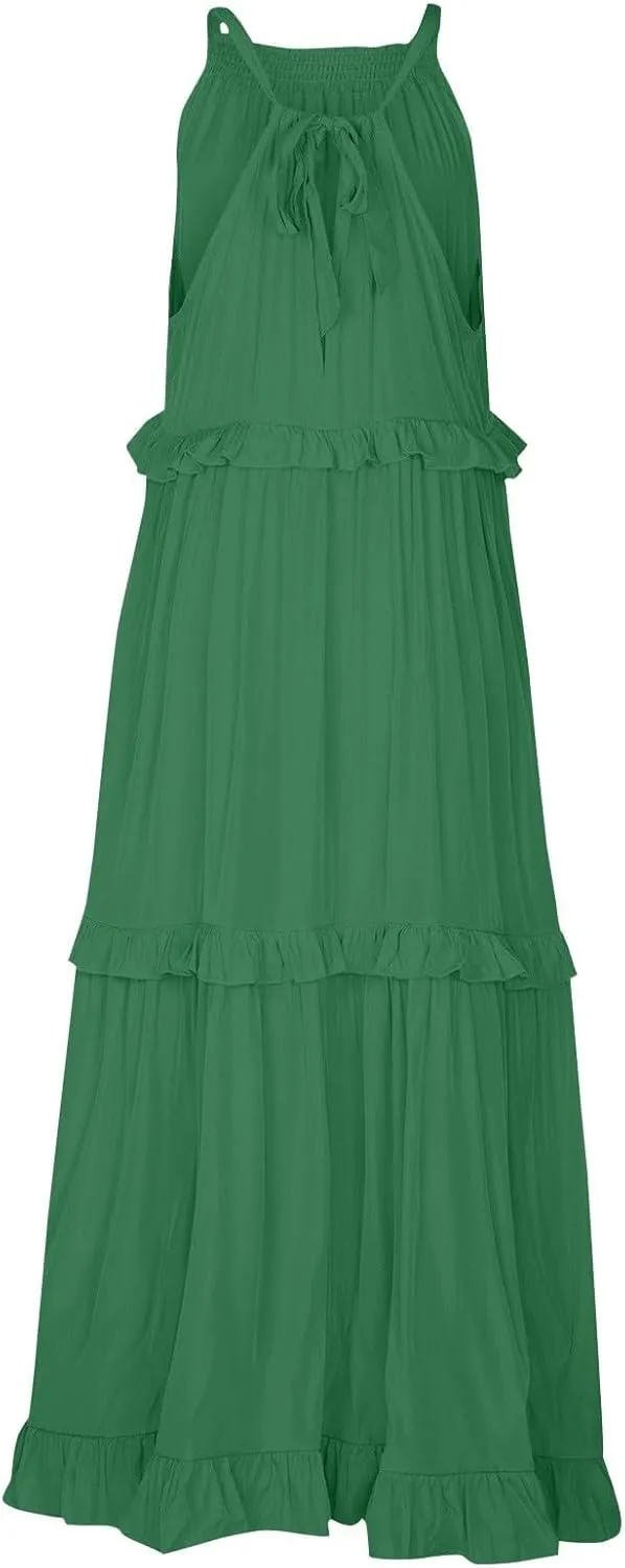 Sundresses for Women 2025 Sleeveless Summer Boho Beach Maxi Dress Tiered Pleated Flowy Swing Halter Church Long Dress