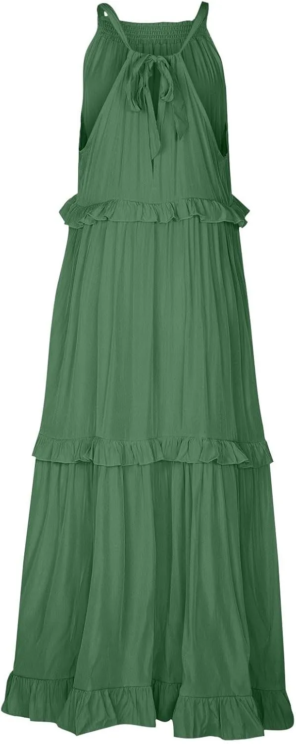 Sundresses for Women 2025 Sleeveless Summer Boho Beach Maxi Dress Tiered Pleated Flowy Swing Halter Church Long Dress