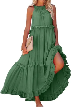 Sundresses for Women 2025 Sleeveless Summer Boho Beach Maxi Dress Tiered Pleated Flowy Swing Halter Church Long Dress