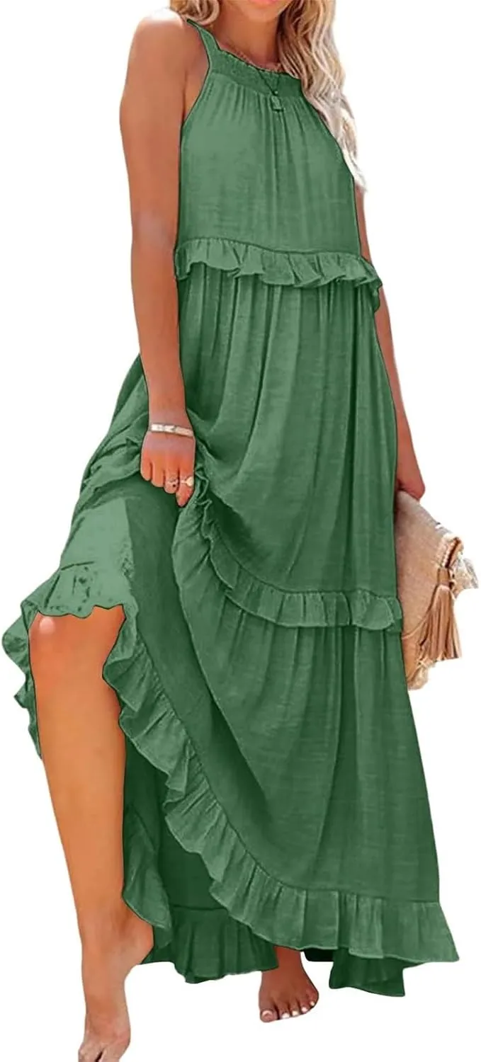 Sundresses for Women 2025 Sleeveless Summer Boho Beach Maxi Dress Tiered Pleated Flowy Swing Halter Church Long Dress