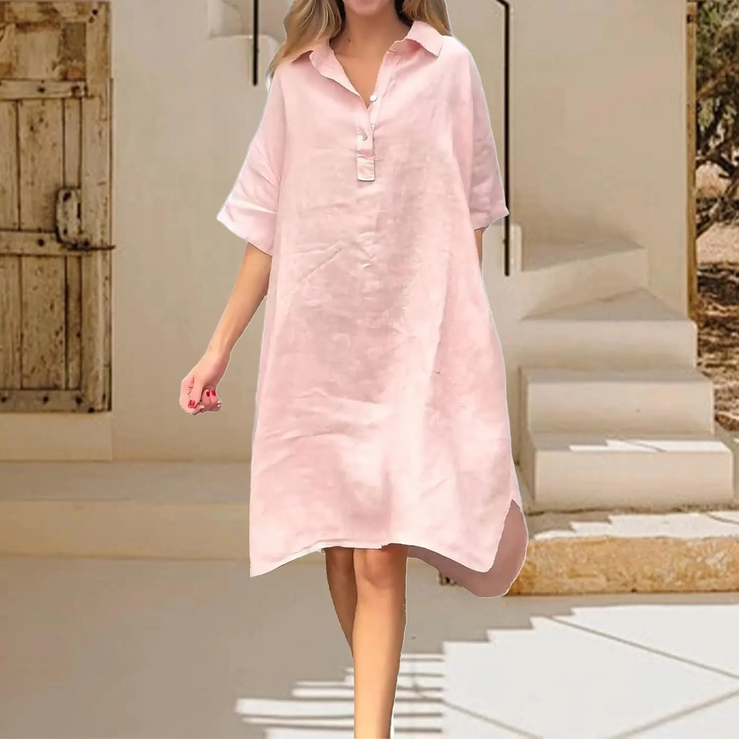 T Shirt Dresses for Women 2025 Casual Summer Cotton Linen Midi Dress V Neck Dress Beach Vacation Sundress with Pockets