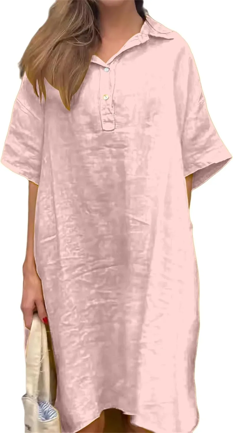 T Shirt Dresses for Women 2025 Casual Summer Cotton Linen Midi Dress V Neck Dress Beach Vacation Sundress with Pockets