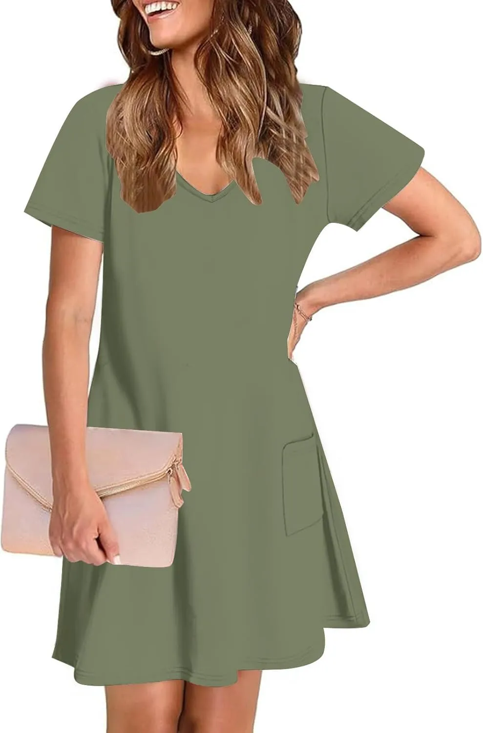 T Shirt Dresses for Women 2025 Summer V Neck Short Sleeve Casual Basic Dreses Flowy Beach Sundresses with Pockets