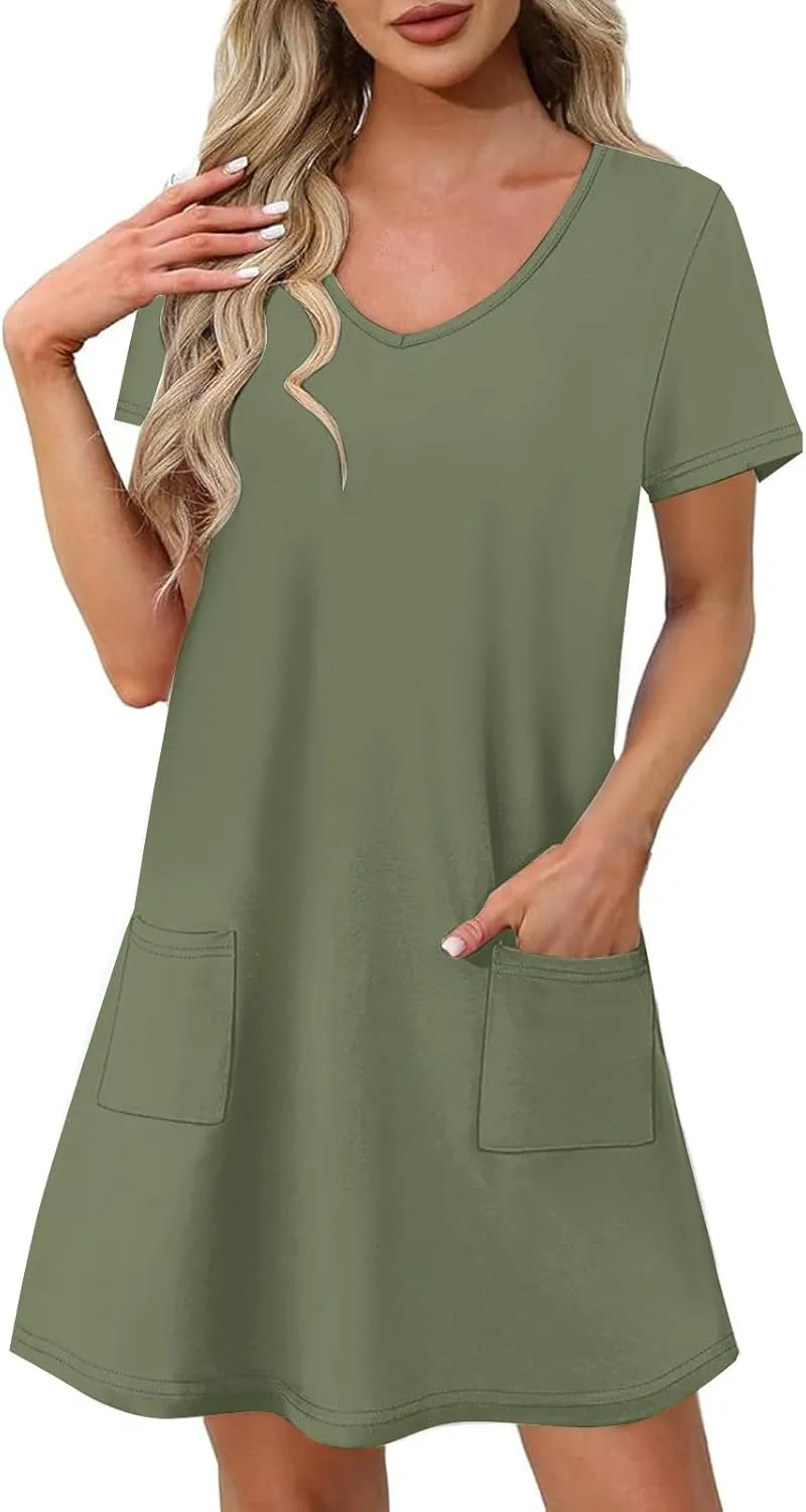 T Shirt Dresses for Women 2025 Summer V Neck Short Sleeve Casual Basic Dreses Flowy Beach Sundresses with Pockets