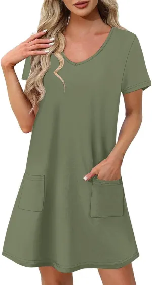 T Shirt Dresses for Women 2025 Summer V Neck Short Sleeve Casual Basic Dreses Flowy Beach Sundresses with Pockets
