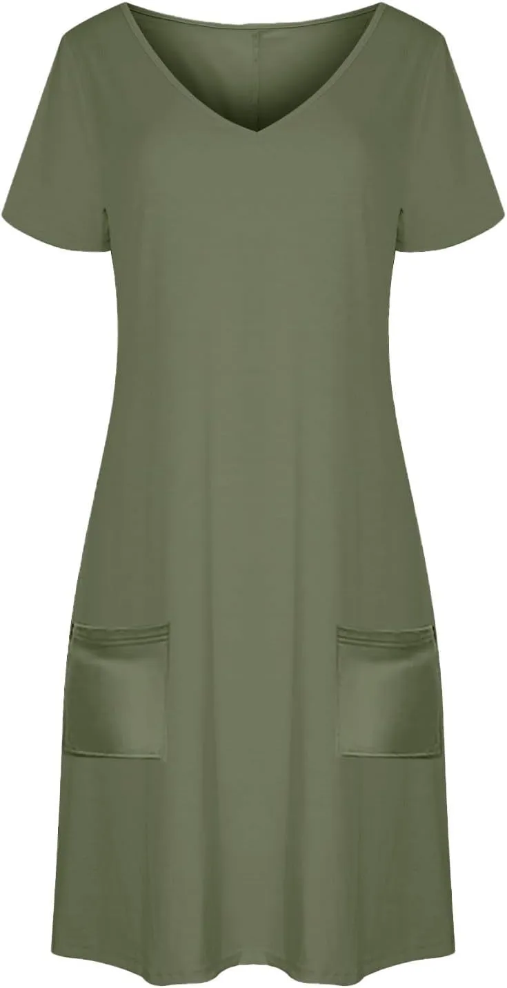T Shirt Dresses for Women 2025 Summer V Neck Short Sleeve Casual Basic Dreses Flowy Beach Sundresses with Pockets