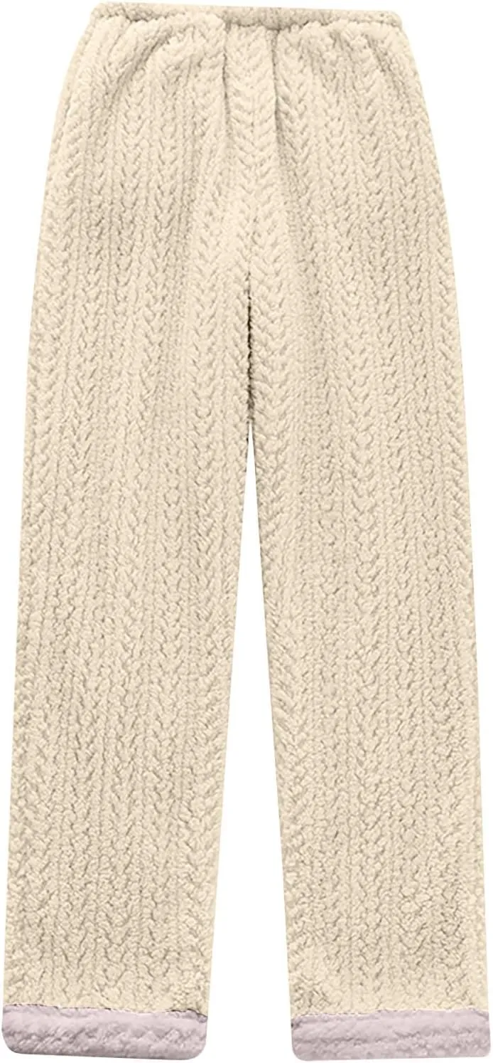 Thick Warm Fleece Pajamas Pants Winter Comfy Soft Flannel Lounge Trousers High Waisted Pull-on Pants Daily Homewear